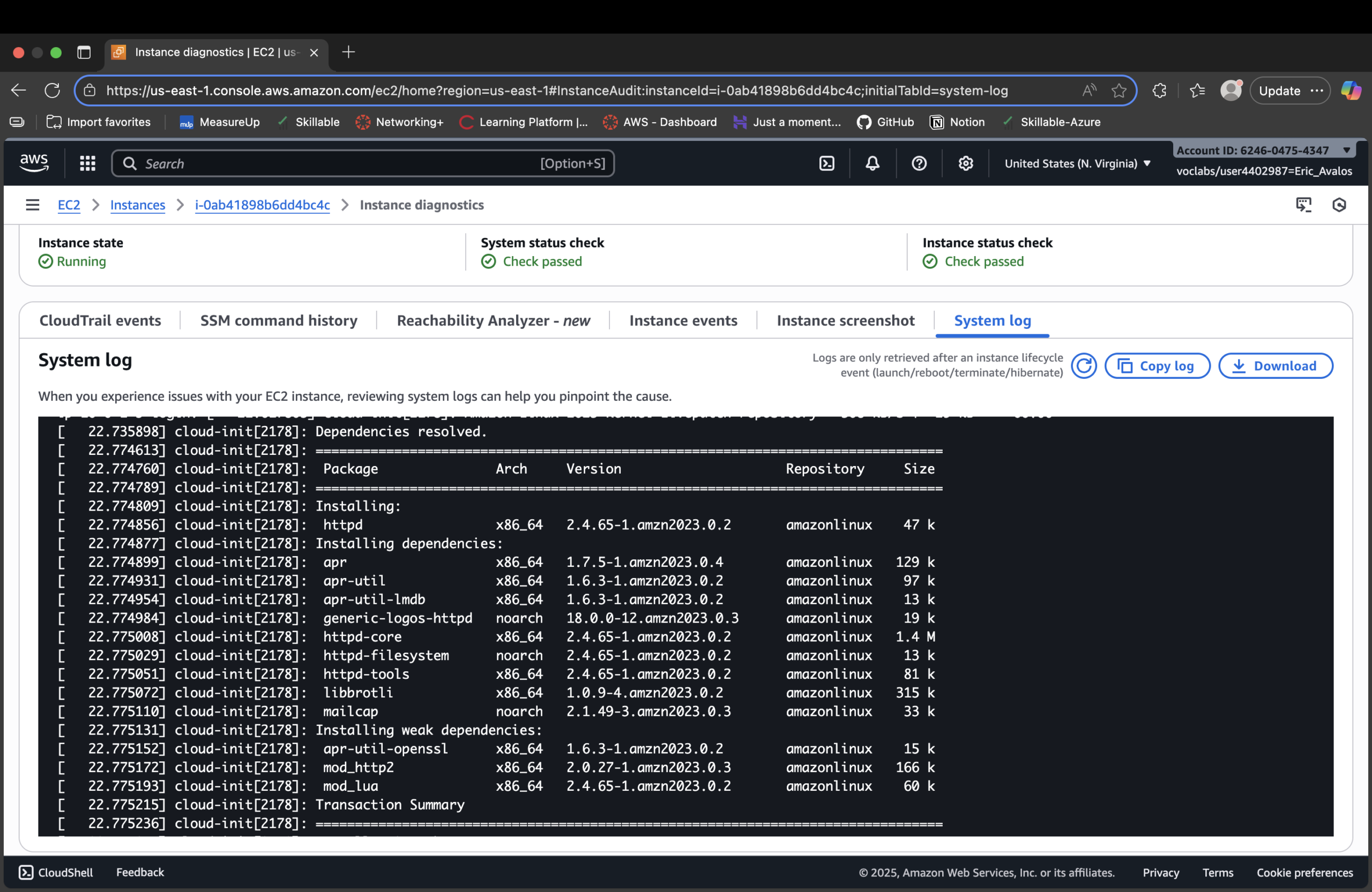 EC2 system log showing httpd installed from user data
