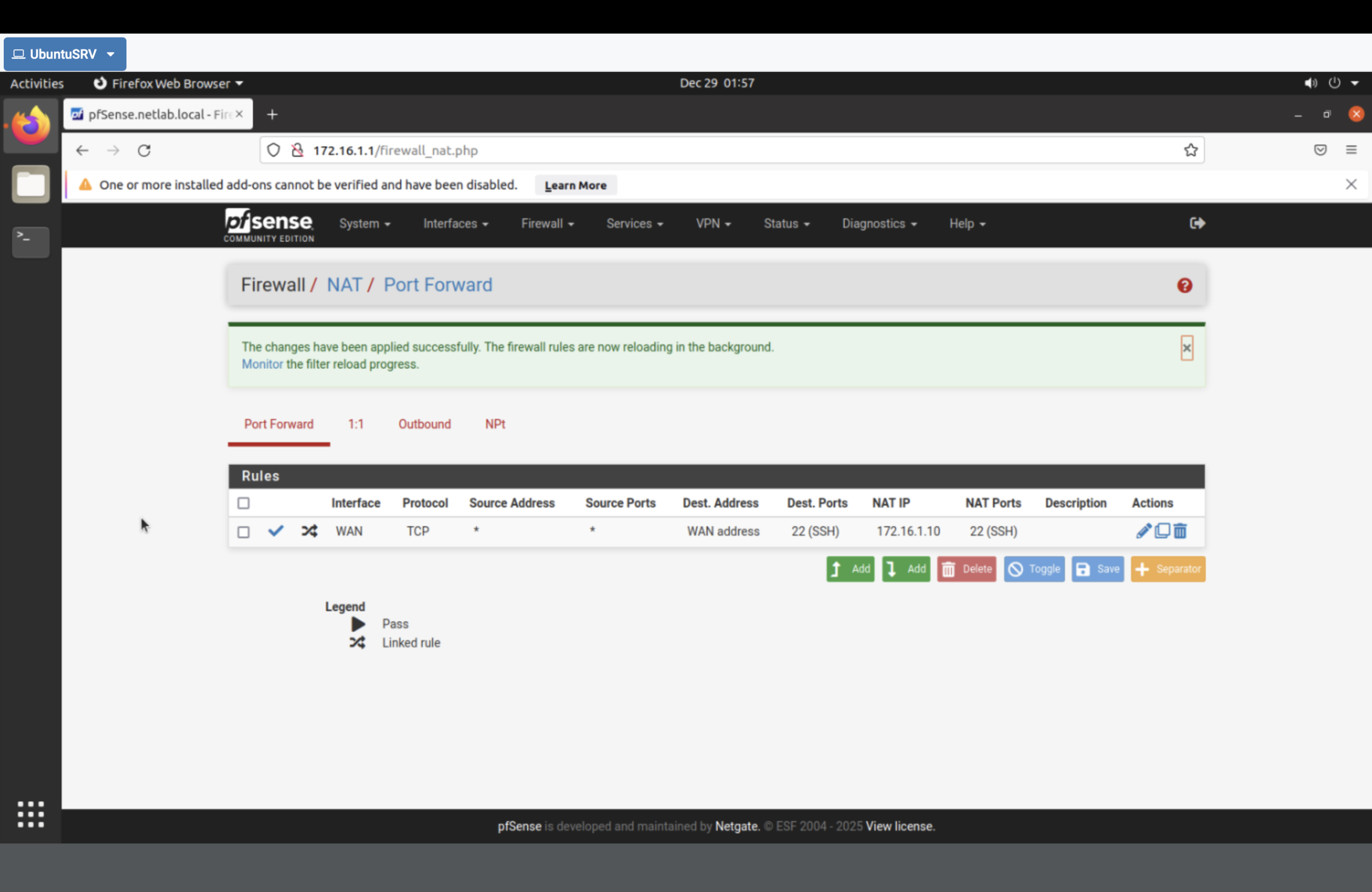 NAT port forward rule for SSH to UbuntuSRV