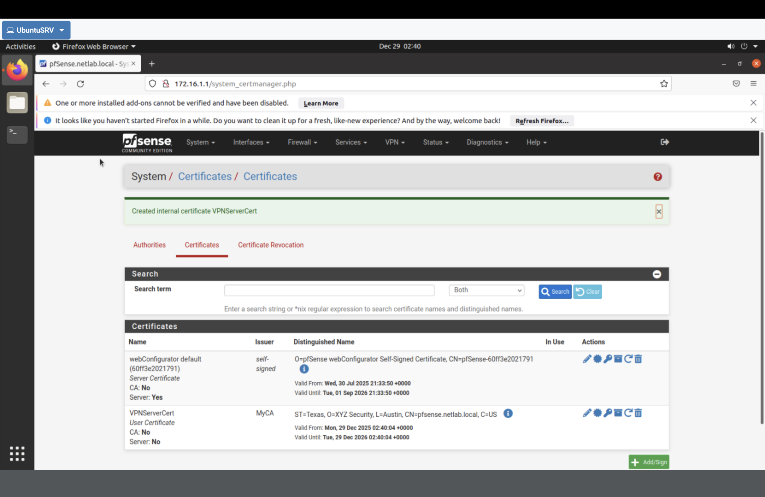 Cert Manager showing MyCA and VPNServerCert