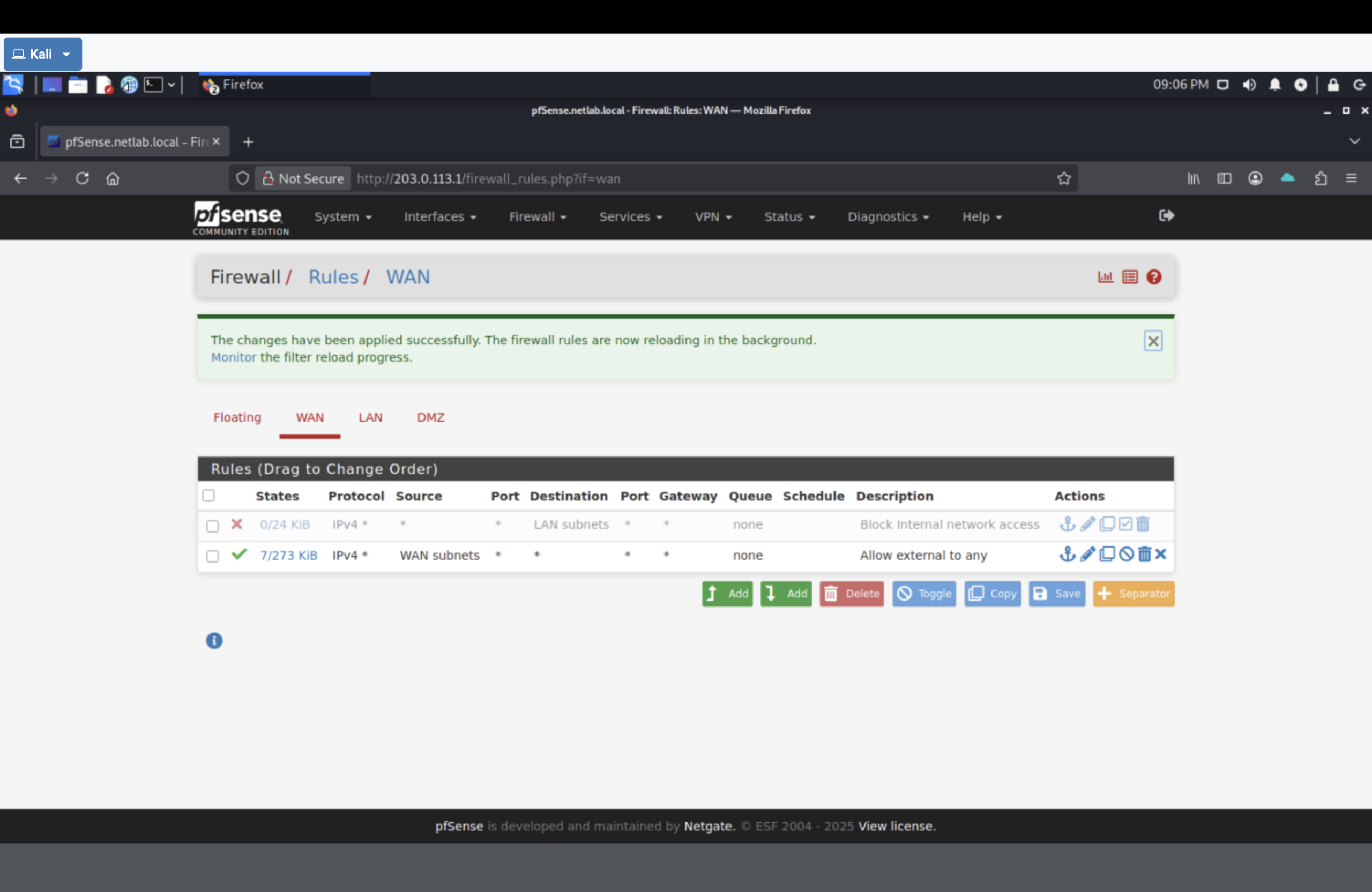 pfSense rules adjusted for lab traffic